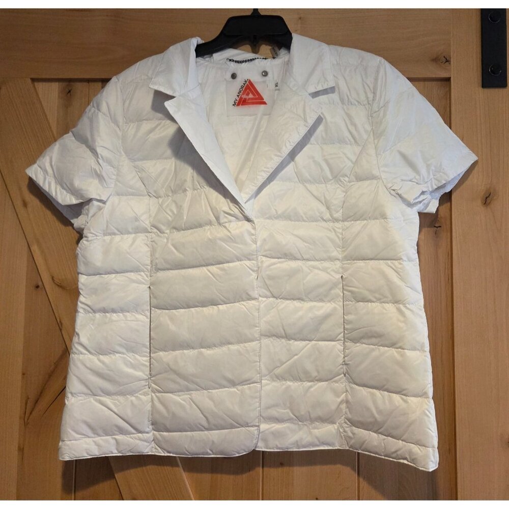 New! MY ANORAK Size XL Notch Collar Short Sleeve JACKET w Bag White Down Puffer